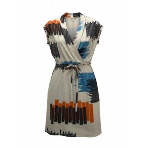 Presley Skye 100% Silk Abstract Print Faux Wrap Dress - Multicolor - Large